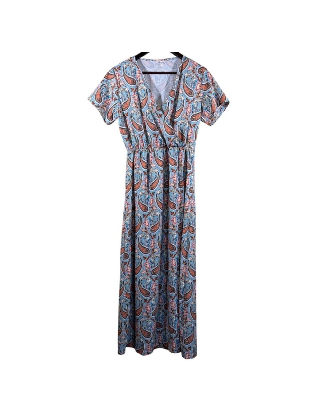 Women’s Boho Paisley Midi Dress Size M Blue Orange Elastic Waist Short Sleeve